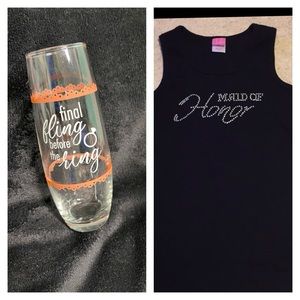 BUNDLE OF 1 BRIDE GLASS & 1 MAID OF HONOR BLACK TANK TOP IN BLACK WITH CRYSTALS
